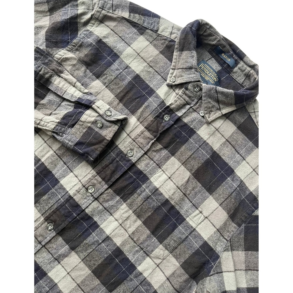 Pendleton Mason Button Down Flannel Shirt Mens Medium M Plaid Gray Blue Cotton‎